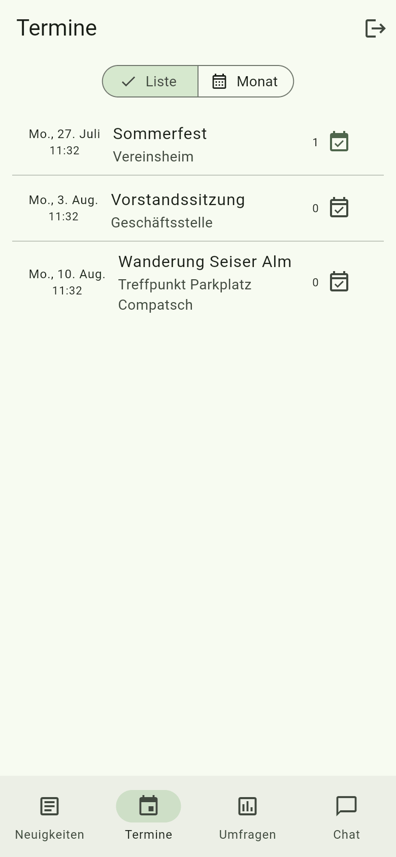 Termine-Liste in der AlpsPlanner Mitglieder-App mit Zusage-Button