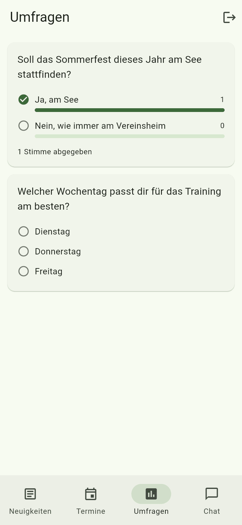 Umfrage in der AlpsPlanner Mitglieder-App mit Abstimmungsergebnis
